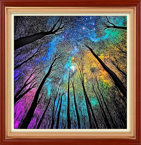 Image of Foxhool Stamped Cross Stitch Kits,11CT Printed Cross Stitch Pattern Full Embroidery Kits for Beginner Needlepoint Kits&Abstract Aurora Tree 18x18 inch
