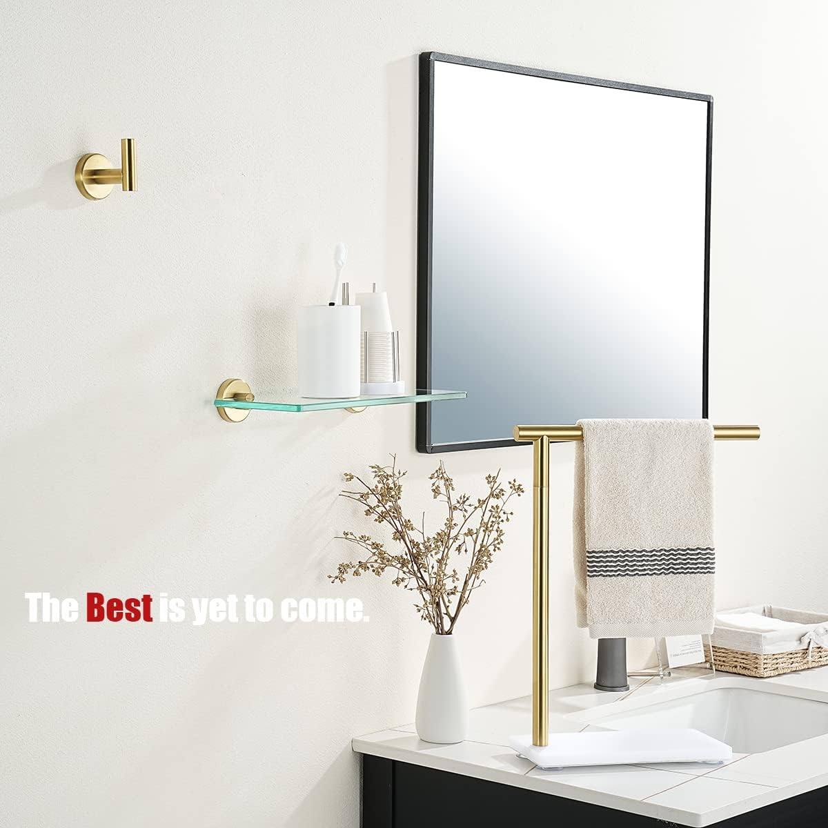 JQK Bathroom Glass Shelf Gold, Tempered Glass Shower Storage 12 by 5 inches, 304 Stainless Steel Brushed Gold Wall Mount 2 Pack, TGS101L12-BG-P2