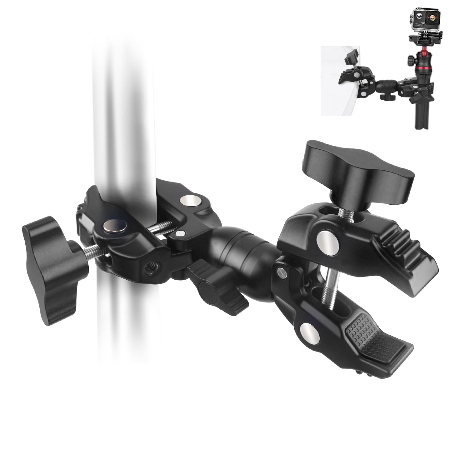 JEBUTU Super Clamp Double Camera Clamp, Super Clamp Camera Clamp Mount 360°Rotation Ball Head, Crab Plier Clip Bracket with Ballhead for Umbrella, Tripod, Light Stand, Photography Reflector