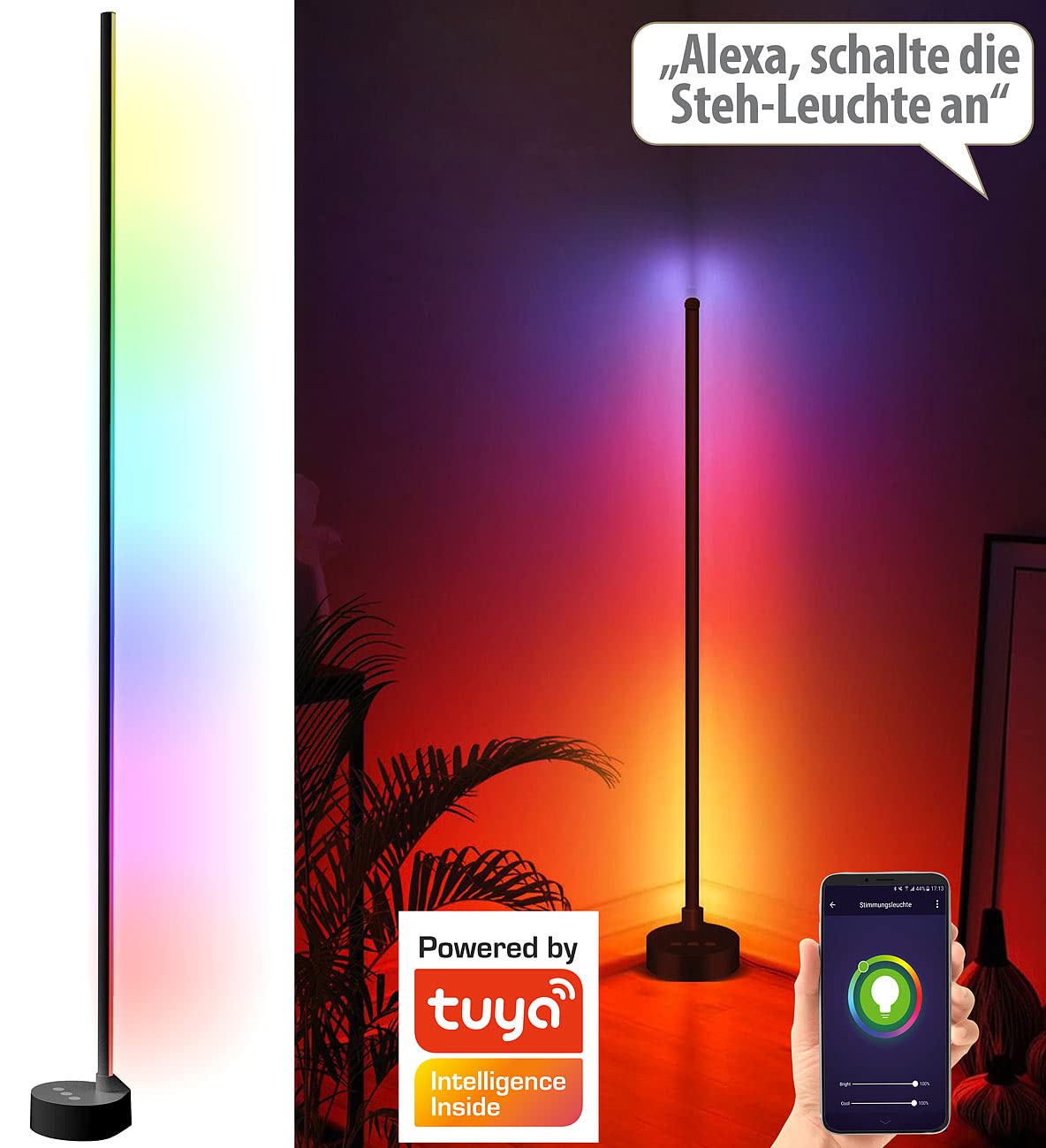 Luminea Home Control WiFi-LED-Lampe Alexa: WLAN-Steh-/Eck-Leuchte mit RGB-CCT-IC-LEDs, Versandrückläufer (Smart Life Lampe, Eckleuchten innen, Disco)