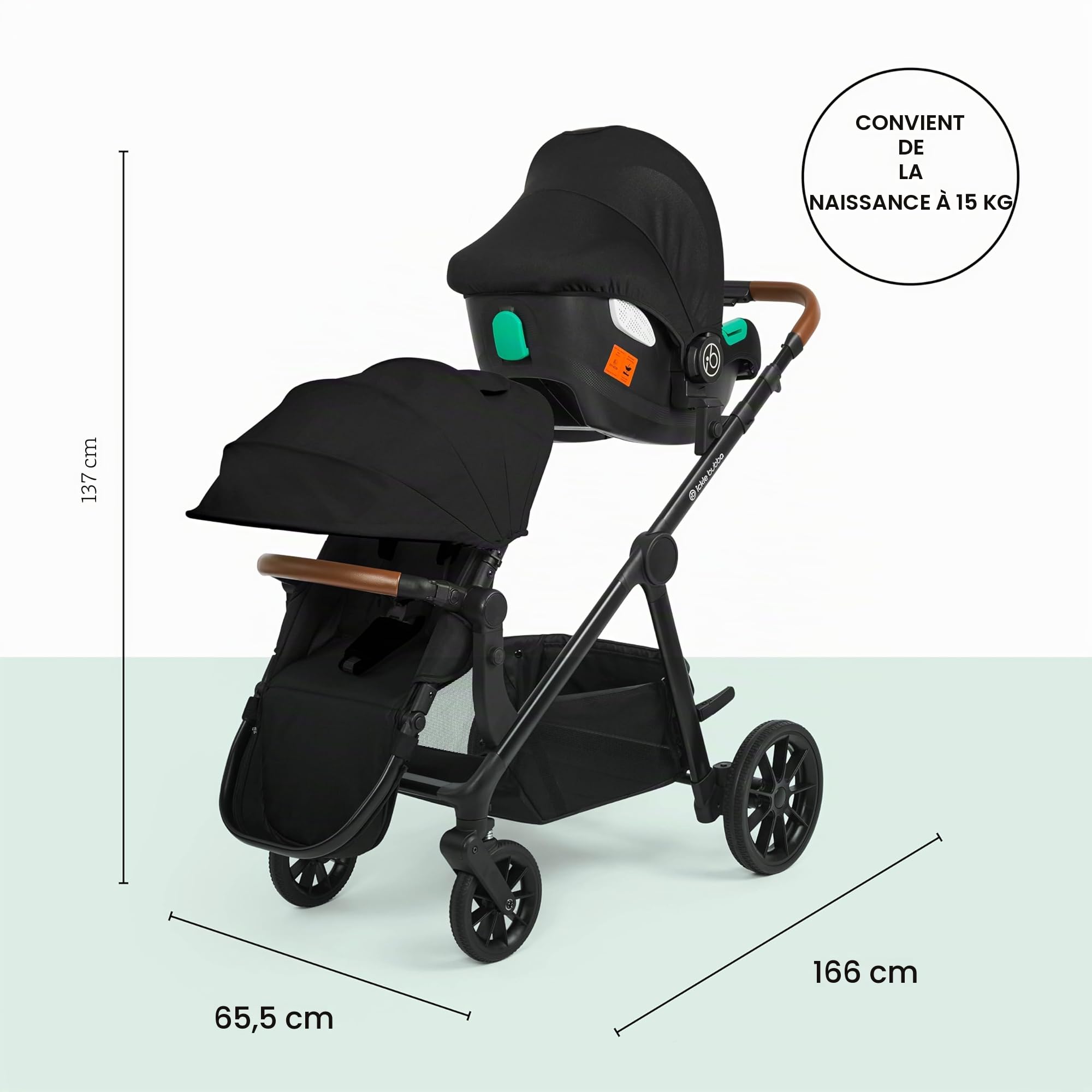 Ickle Bubba Virgo Twin Système de voyage 11 pièces – Convient dès la naissance, poussette tandem avec nacelle, chancelière et accessoires (noir)