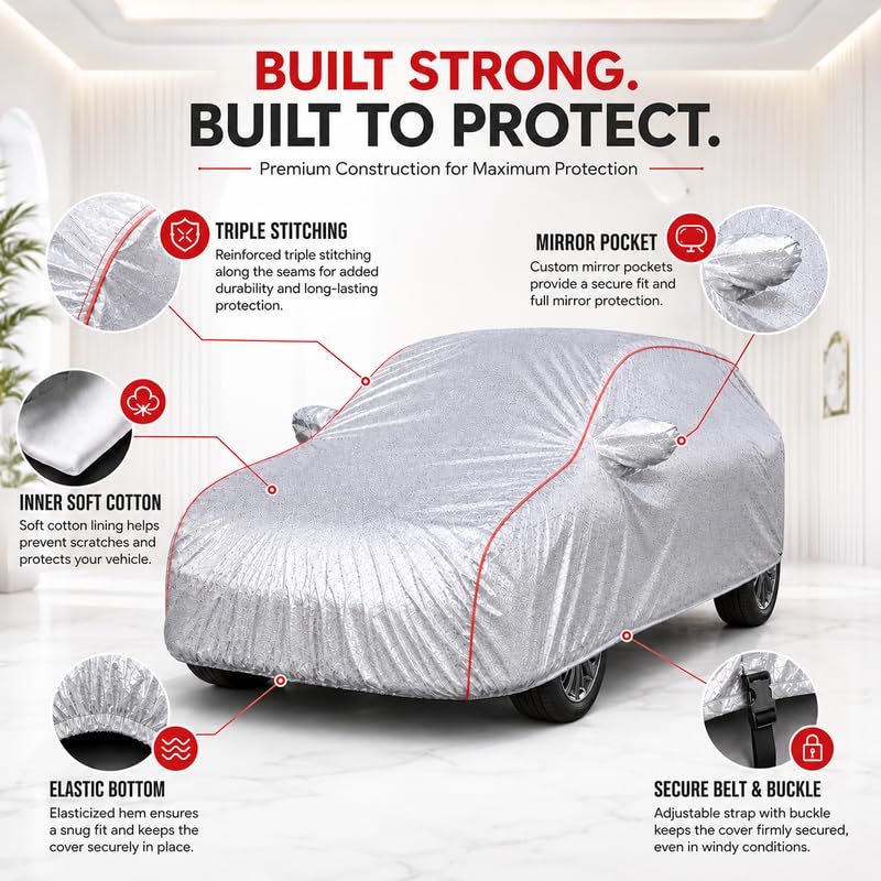Image of Premium Car Cover for Citroen C3 Model | Waterproof, UV & Dust Protection | Mirror & Antenna Pocket | Triple Stitched, Soft Inner Lining, Belt & Buckle (Metalic Silver)