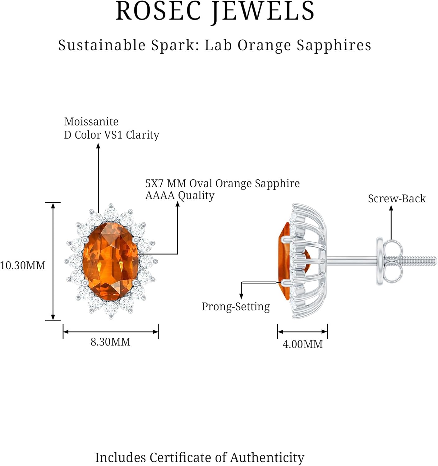 Certified 2.3 Carat Lab Grown Orange Sapphire Stud Earrings in Silver, Aaaa Quality - Gift For Women Who Has Everything - Image 6