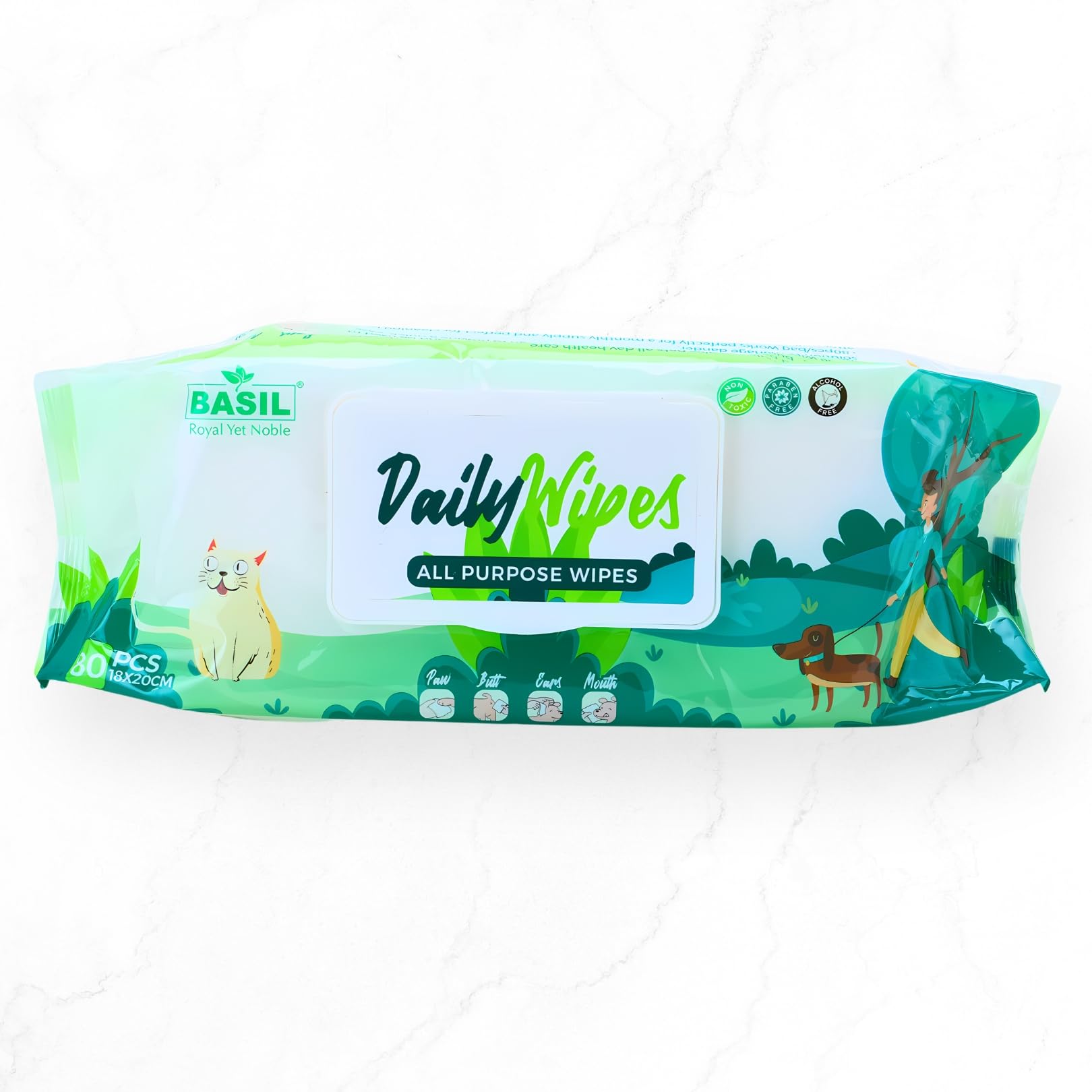 BASIL Royal Yet Noble Wet Pet Wipes For Dogs, Puppies & Cats With Aloe Vera And Vitamin E For All Body Parts, Face/Mouth/Bum/Paws & Alcohol Free Wipes (80 Pcs, 18X20Cm Wipes In 1) (B09DQ1MTMW) Amazon Price History, Amazon Price Tracker