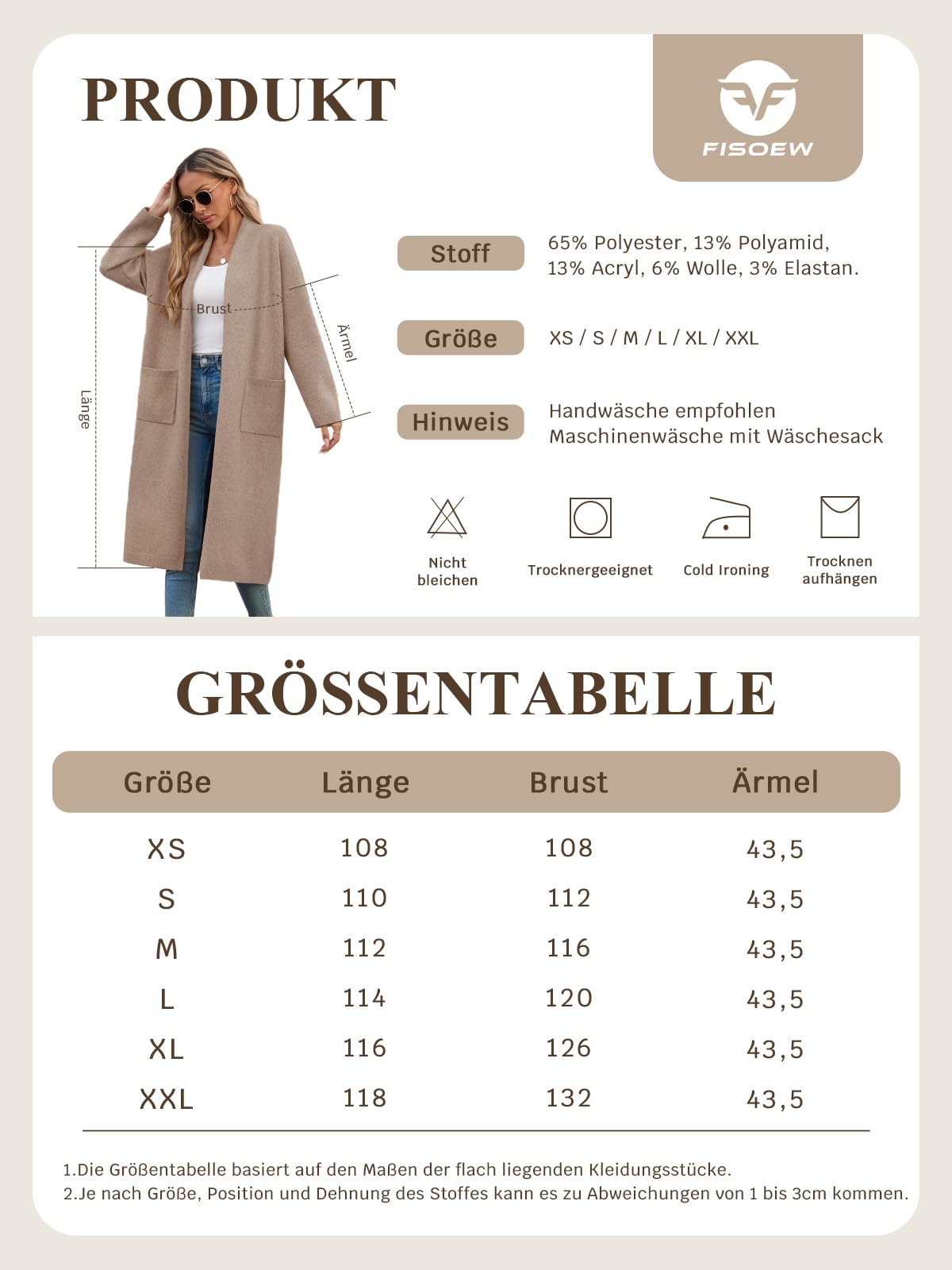 Fisoew Chaqueta de punto para mujer, cárdigan largo, de manga larga, oversized de punto, con bolsillos frontales abiertos.