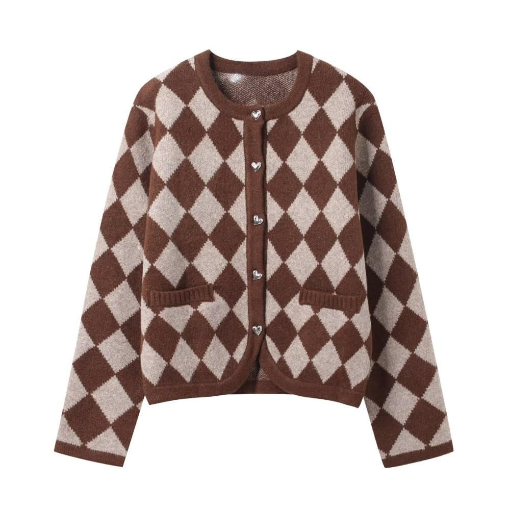 Womens Fall Winter Solid Color Casual Warm Jacquard Knitted Cardigan Round Neck Coat