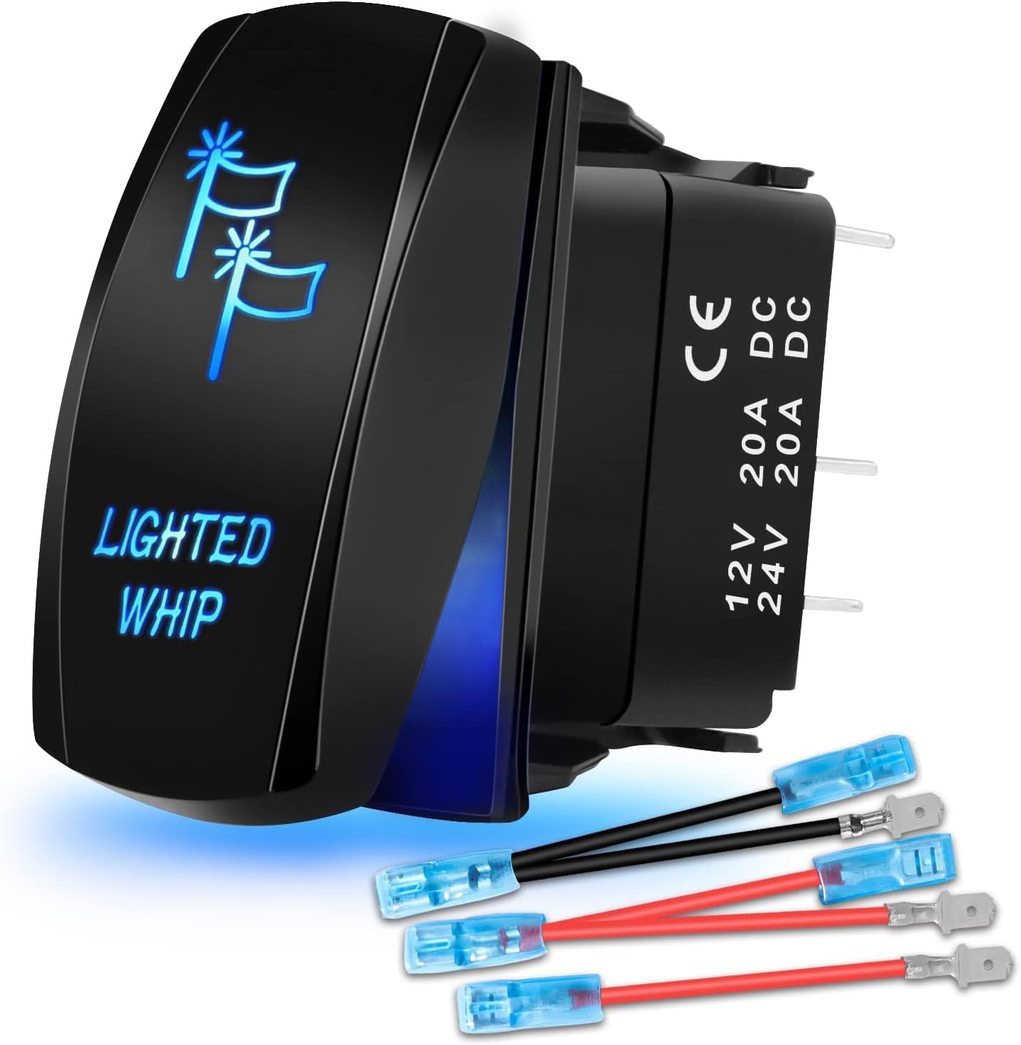 Whip Light Rocker Switch 5Pin Laser ON-OFF LED Light Bar Switch Blue w/Jumper Wires 20A/12V & 10A/24V Switch for Offroad UTV Can-am x3 Polaris RZR XP Honda Kawasaki SxS Rvs Vans Boat