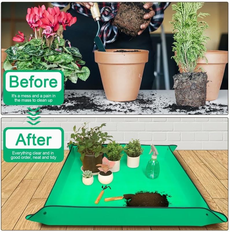 Image of 75x100 cm Gardening Mat for Plant Transplanting and Mess Control Thickened Waterproof Potting Tray Succulent Potting Mat Portable Gardening Mat Plant Gifts for Women Men (Green)