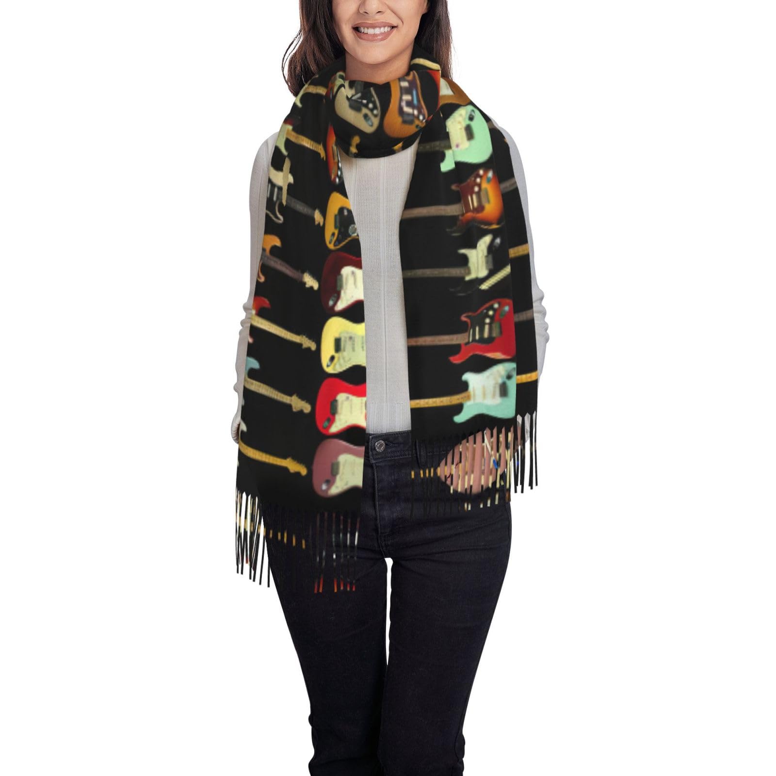 SDEGTHO Art Guitar Pattern Printing Tassel Scarf, Winter Warm Cashmere Like Tassel Scarf For Autumn, Soft Lightweight With Tassels
