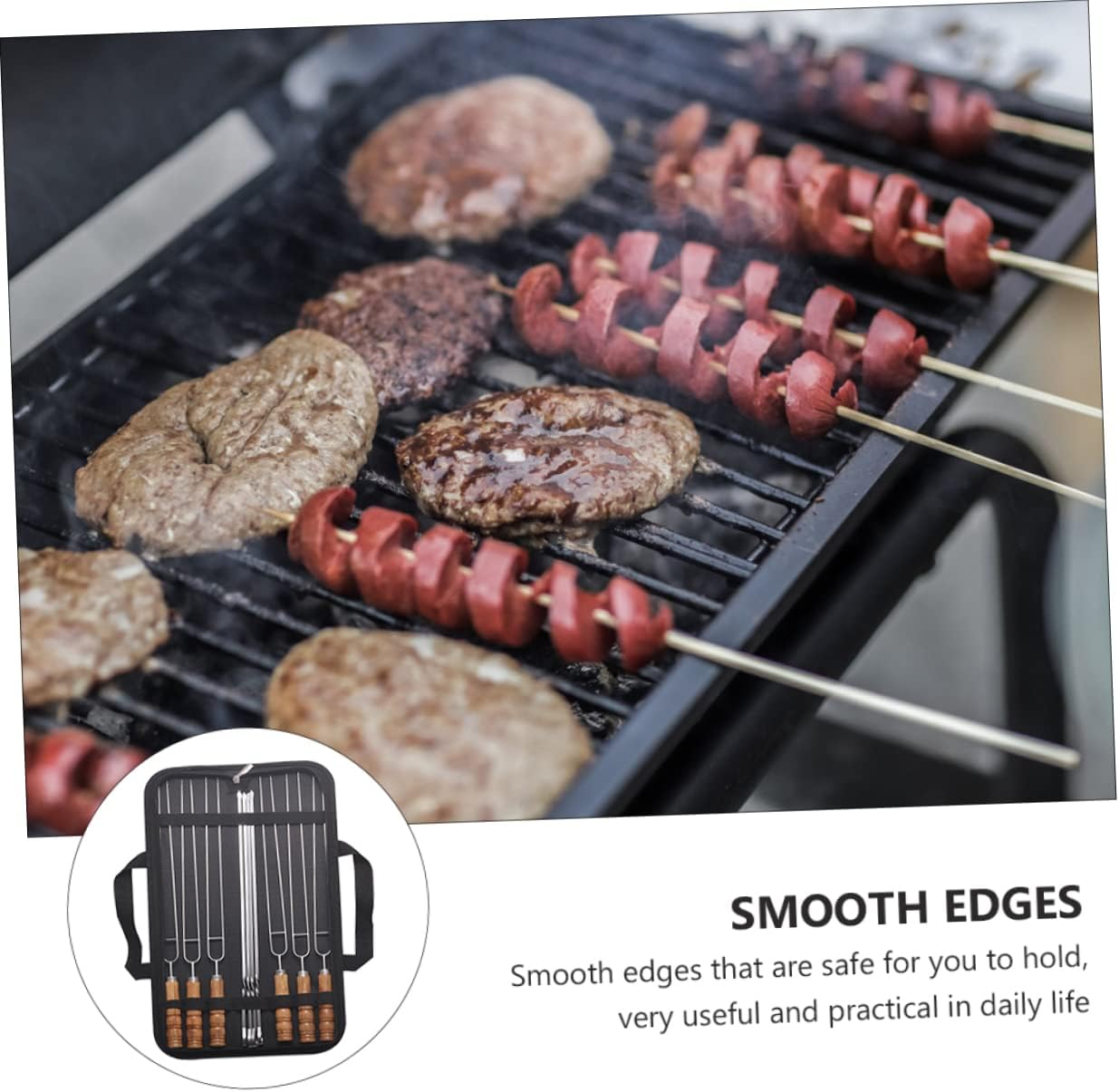 Generic 10Pcs Stainless Steel Bbq Skewers with Wood Handle Long Grill Sticks for Kabobs and Vegetables Heat Resistant Design for Safe Grilling Smooth Food Release for Outdoor Barbecue and