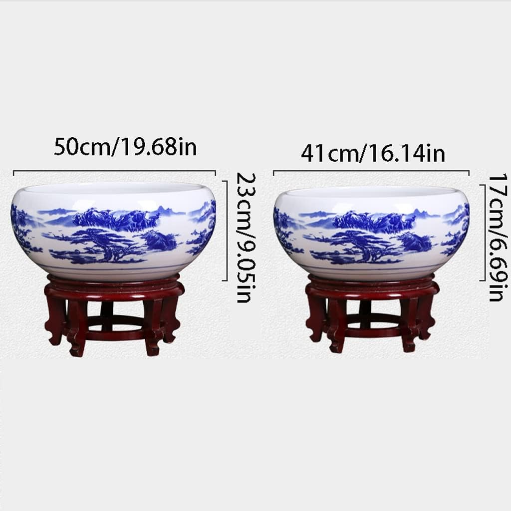 Fish Tank Aquarium Ceramic Fish Bowl Desktop Goldfish Tank Living Room Balcony Blue and White Mountain River Tank Office Ornamental Fish Culture Tank Fish Tank Decor(B,50CM)