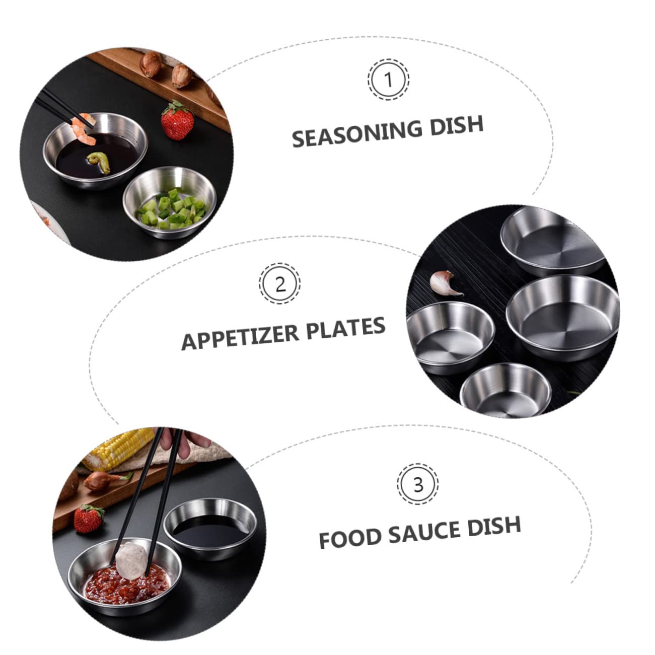 Unomor 4pcs Stainless Steel Seasoning Dish Serving Bowls Small Condiment Bowls Dipping Dish Soy Dishes Small Tray for Kitchen Food Serving Plates Dipping Bowls Sauce Bowls Silver