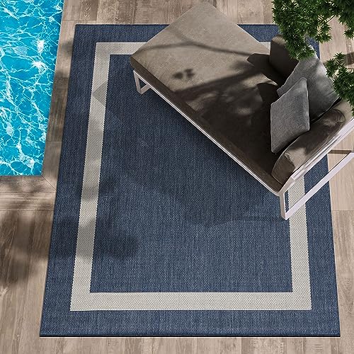 CAMILSON Outdoor Rug 5x7, Modern Outside Rugs for Patios Porches Waterproof Durable Washable Non-Shedding, Easy-to-Clean Indoor Outdoor Area Carpet (5 x 7, Bordered - Blue/White)