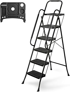 5 Step Ladder with Handrails, 330LBS Capacity, Folding Step Stool with Tool Platform, Anti-Slip Wide Pedal, Sturdy Steel Ladder for Adults for Home Kitchen Library Office, Black