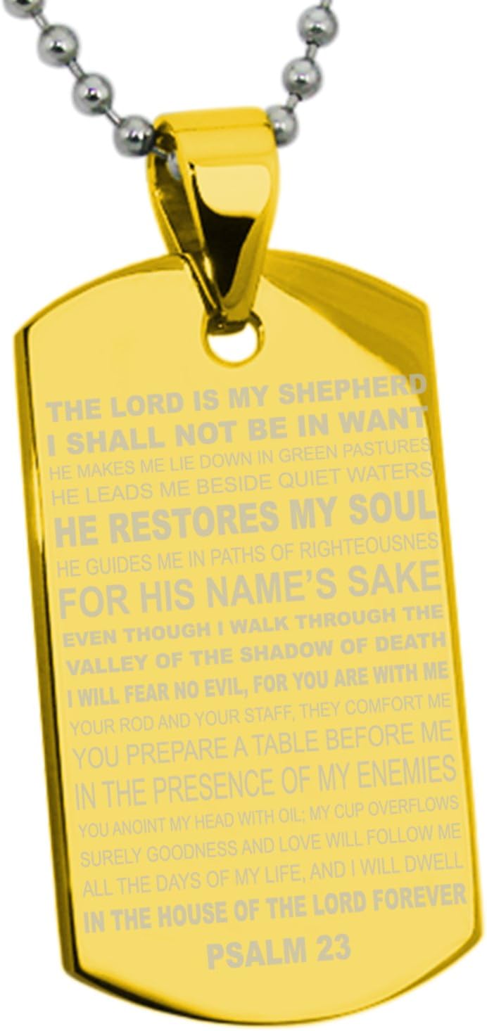 Gold Plated Stainless Steel Psalms 23 Bible Verse Dog Tag Pendant Necklace