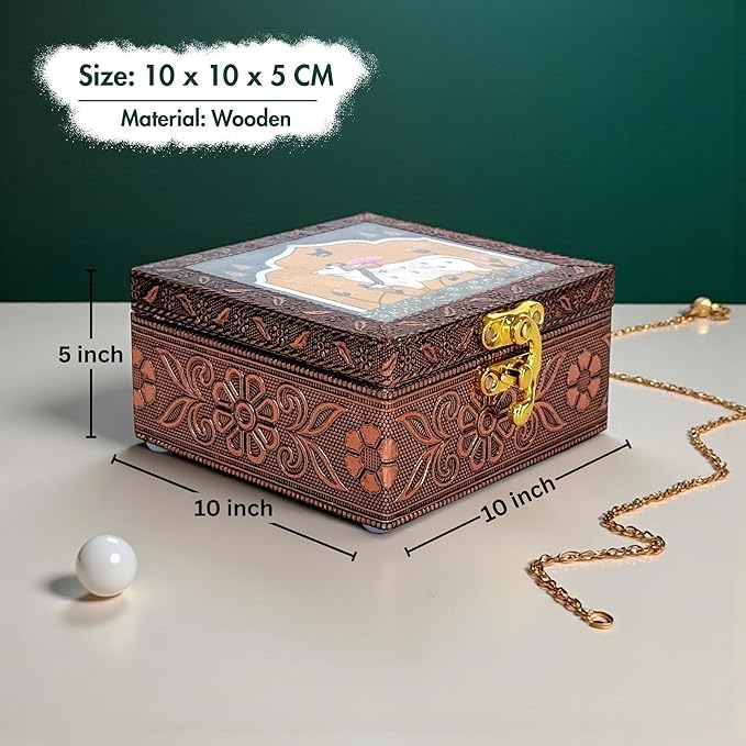 Image of Handcrafted Wooden Jewellery Box Copper Metal Finish (4 x 4 inch) - Pack of 10 | Oxidized Pichwai Cow Design | Decorative Organizer | Storage Box for Women Puja Festive Gifting | Royal Teal