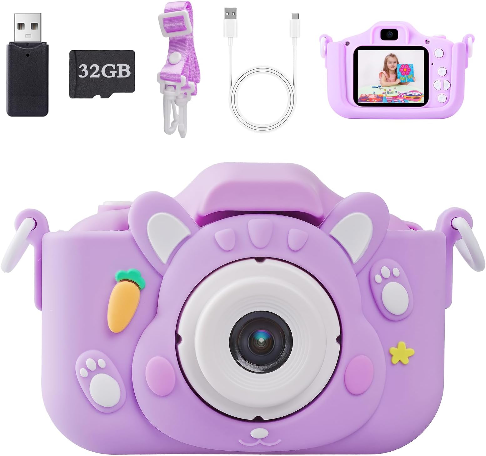 Kids Camera, 1080P Digital Camera with 2.0" IPS Screen, 44 Magic Frames, 5 Educational Games - Rabbit