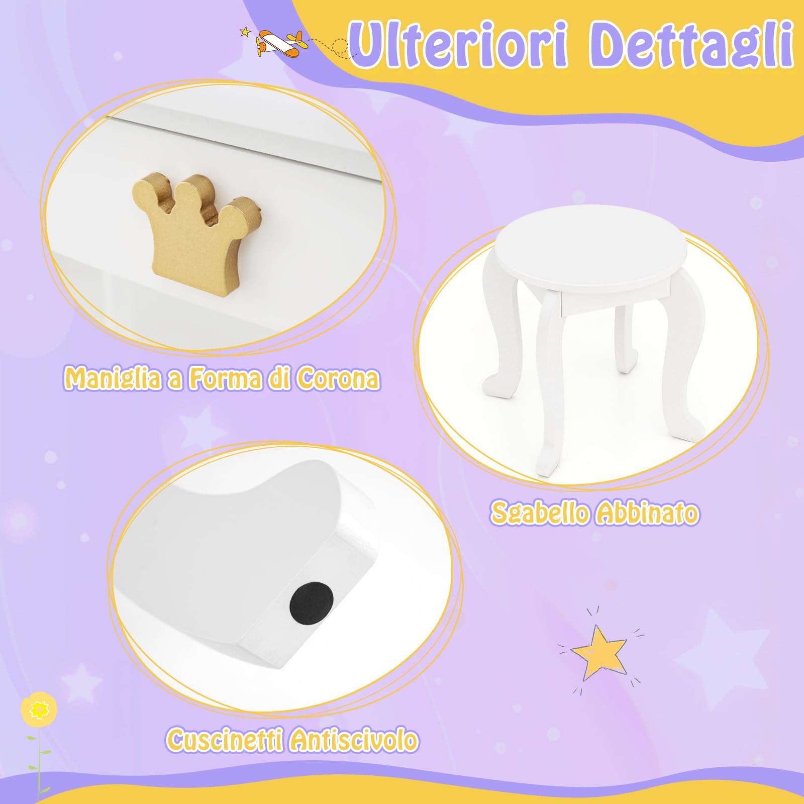 COSTWAY Set Toeletta Trucco per Bambina con Sgabello, Tavolo Trucco Triplo Specchio Staccabile con Luci LED a 3 Colori, Postazione Trucco con Cassetto e Accessori, per Bambine 3-7 Anni (Bianco)