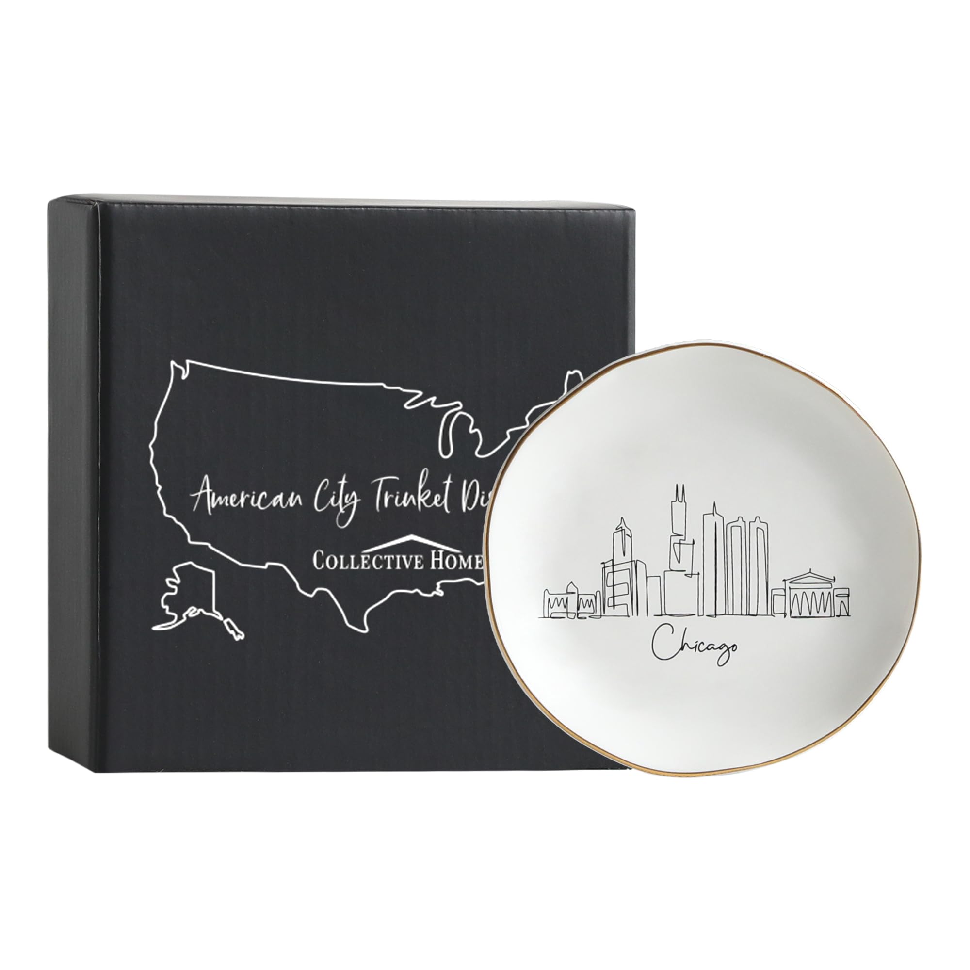 COLLECTIVE HOME - Skyline Jewelry Dish, Ceramic Trinket Dish, Landscape Jewelry Tray, Decorative City View Plate for Rings Earrings Necklaces Bracelet Watch Keys (Chicago)