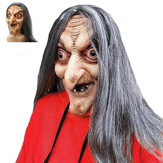 Probuk Máscara de bruxa Halloween de látex com pelo longo - máscara de terror para rosto completo, cosplay e festas de medo - disfarce de bruxa antiga para adultos - máscara realista de terror
