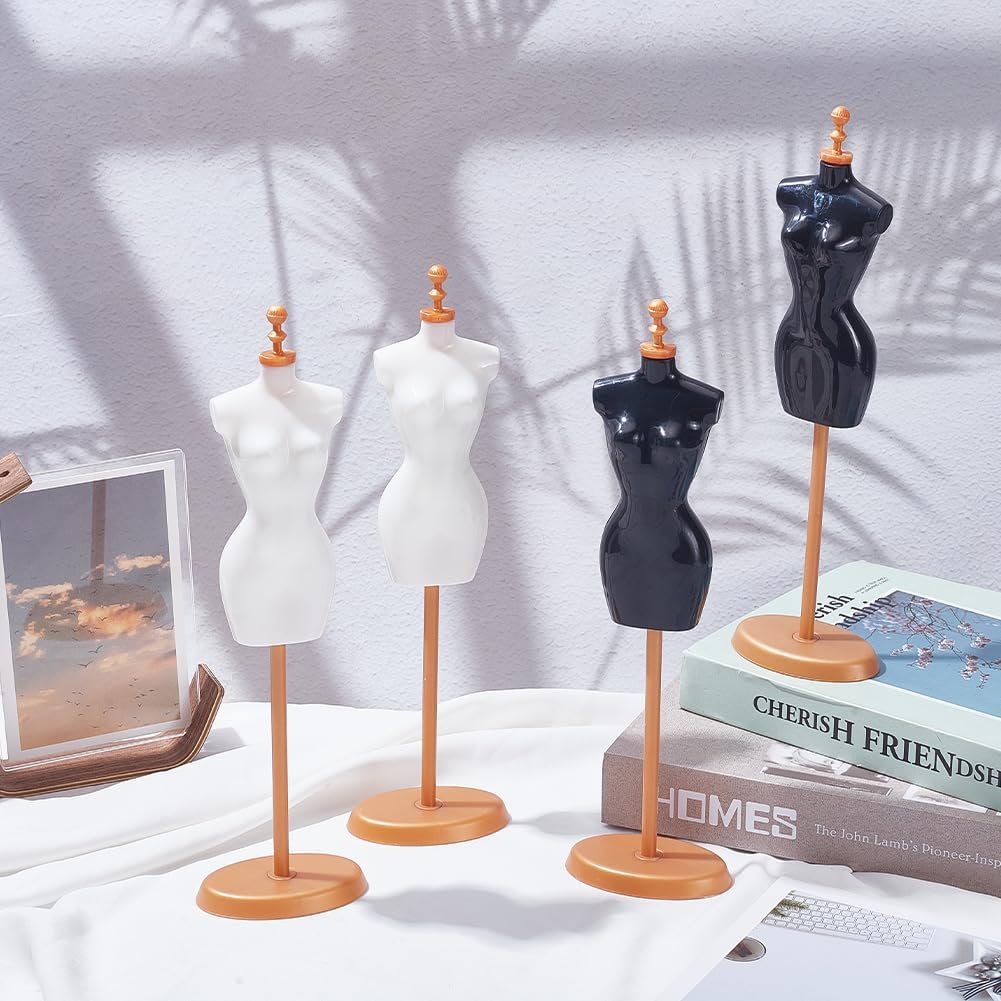 4Pcs 2 Colors 10.8 Inch Mini Dress Form Miniature Sewing Mannequin Black White Plastic Female Cloth Gown Holder Tailor Dressmaker Mannequin Stand for Sewing Apparel Design Costume Display