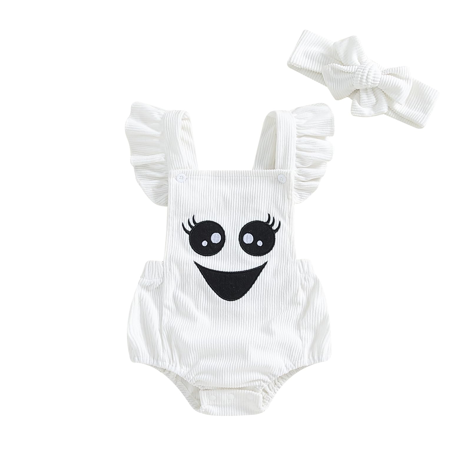 Briwee Baby Girl Halloween Outfits Ruffle Embroidery Romper with Headband Set (White, 0-3 Months)