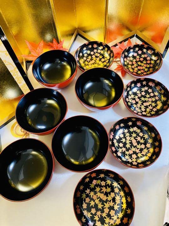 Amazon.co.jp: 木製 お椀 吸物椀 骨董 時代蒔絵 見返桜紅葉 5脚 G31 