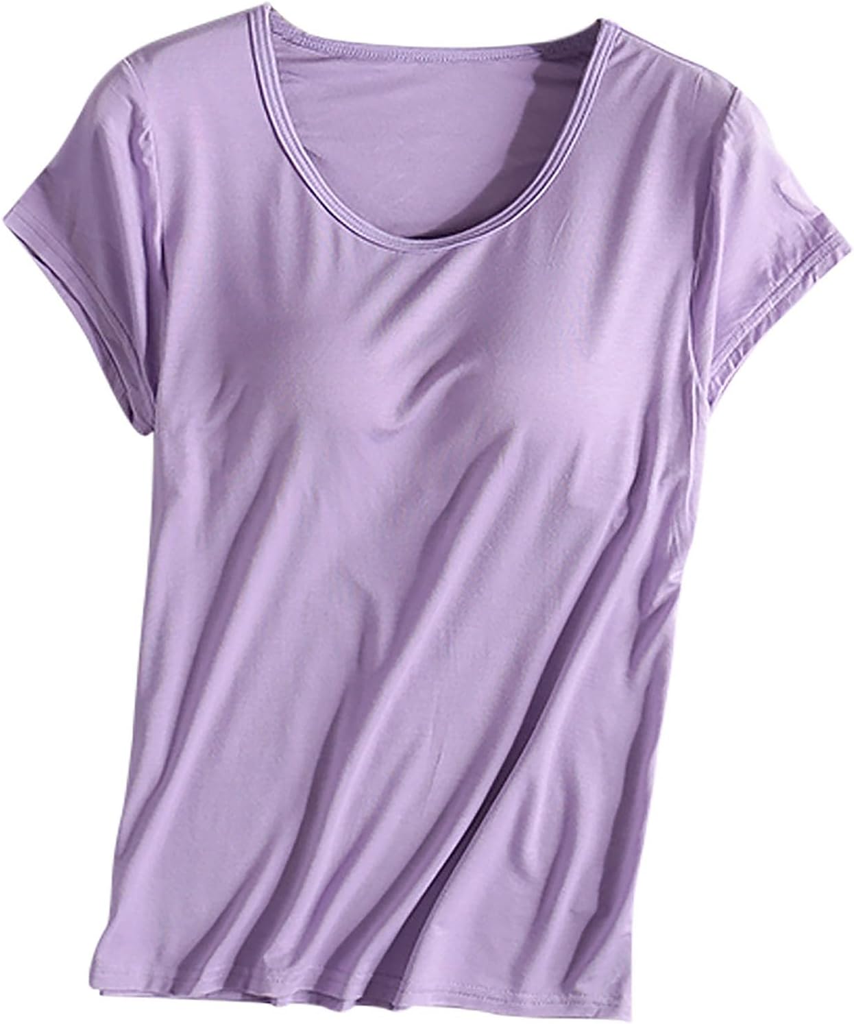 Zylioo Women's Modal Padded Built-in-Bra T-Shirts Short-Sleeve Crew Neck Wireless Bra Tops Tee Plus Size