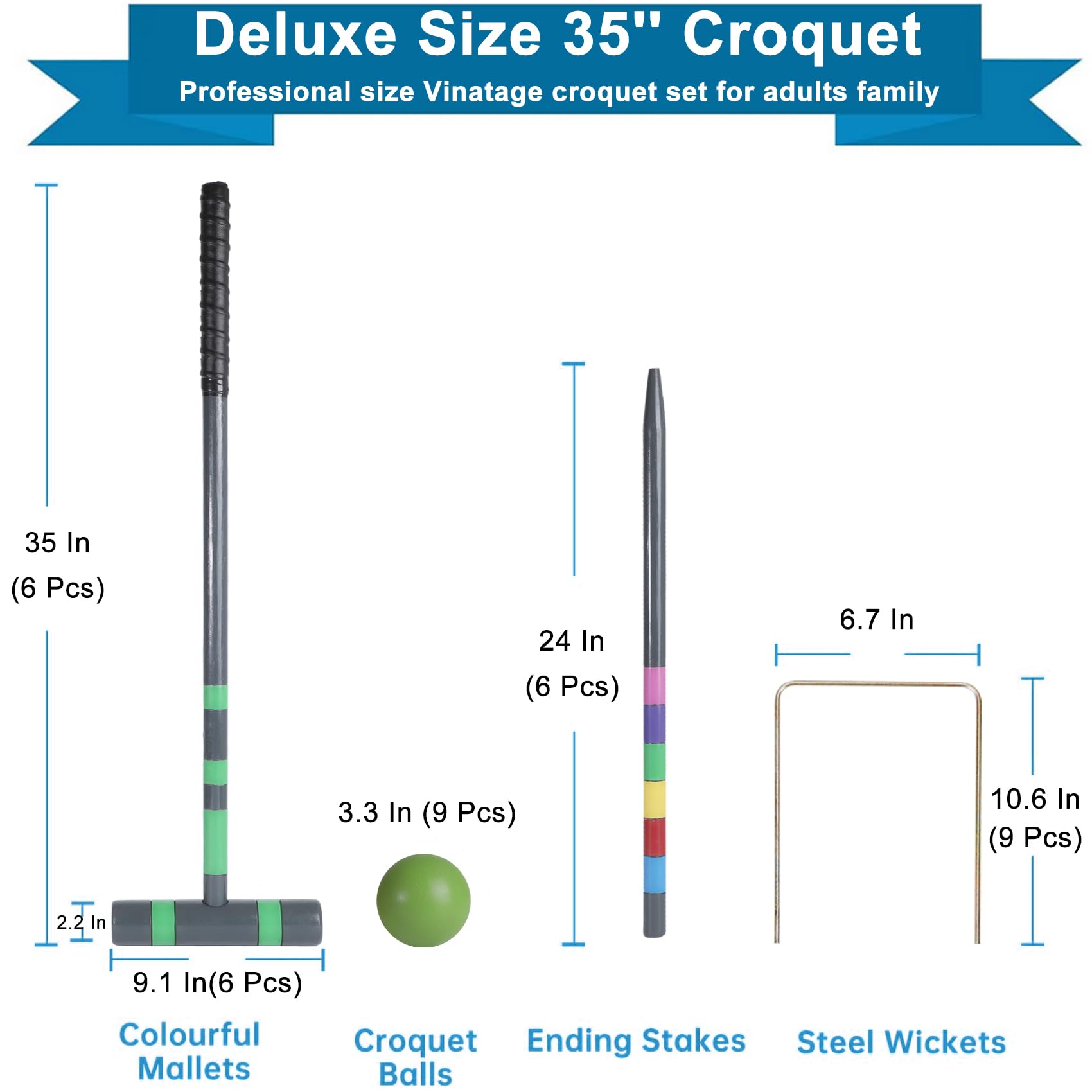 Juego de croquet para seis jugadores de 35 pulgadas, juego de croquet de lujo [estilo verde azulado] con mazos de madera/bola de colores/mechas/estacas para adultos/adolescentes/familia