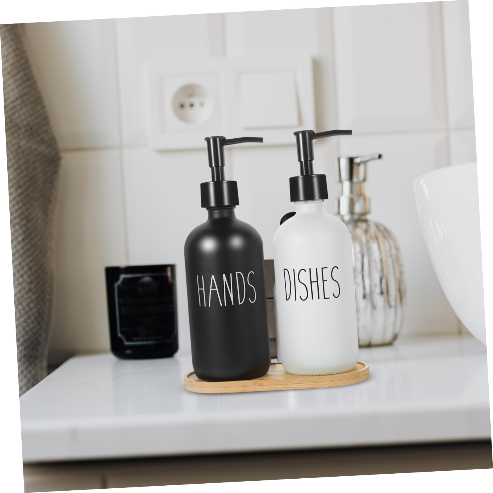 Dispensador de Jabón Líquido de Vidrio 500ml, Juego de 1 con Bandeja de Bambú, Reutilizable, para Baño y Cocina, Fácil de Presionar