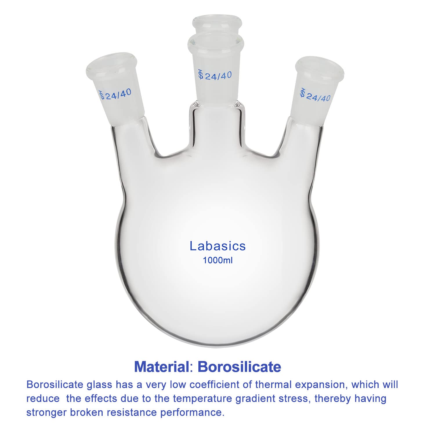 Labasics Pallone a Fondo Tondo con 4 Colli, Vetro Borosilicato a Parete Spessa con Giunto Smerigliato 24/40, per Uso in Laboratorio, 1000 ml