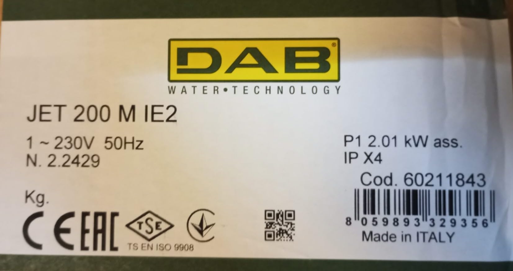 DAB JET 200 M 2 HP Pompa autoadescante monofase per uso idrico abitazione agricoltura giardino industria