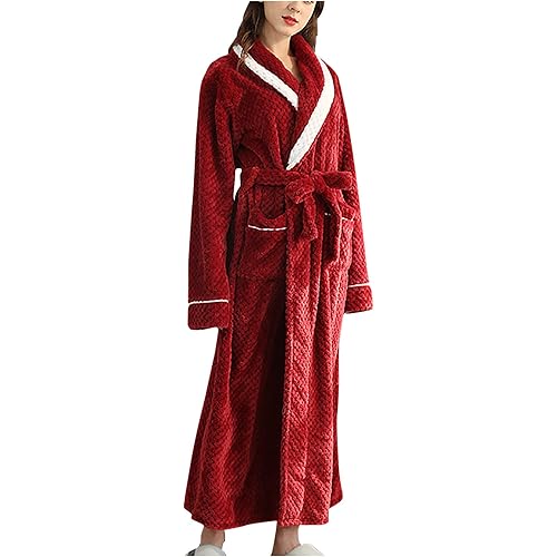 Women's Knitting Plush Fleece Lapel Bathrobe, Winter Warm Lounge Robe Thicker Long House Coat Flannel Bathrobes