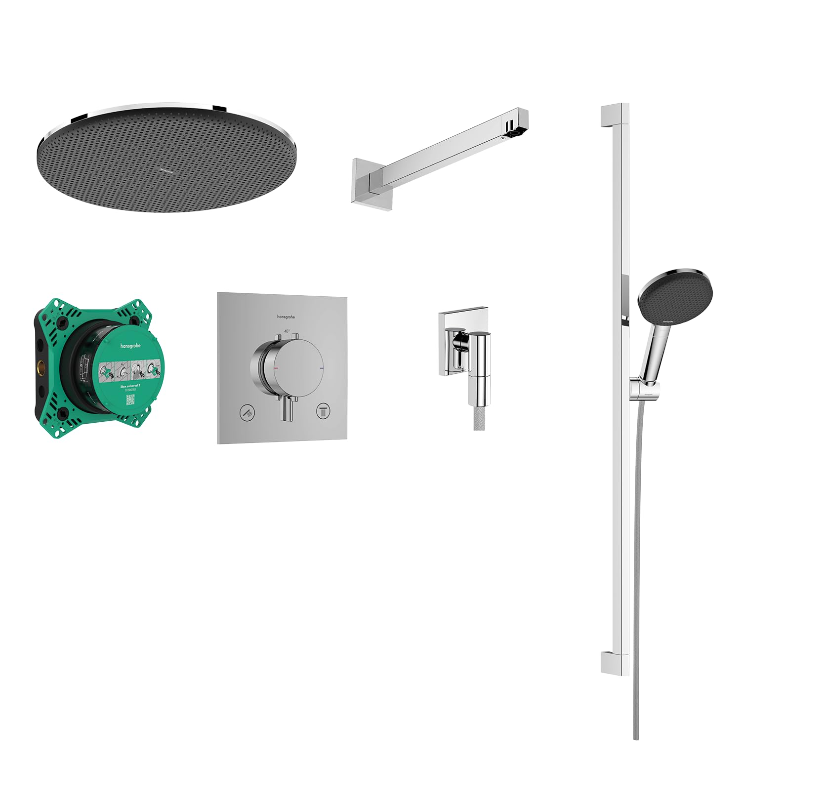 hansgrohe Raindance Alive S - conjunto de ducha empotrado, set completo (6 en 1) con termostato Ecostat Comfort E, iBox universal 2, ducha fija, alcachofa de ducha y flexo 160 cm, cromo, 24622000