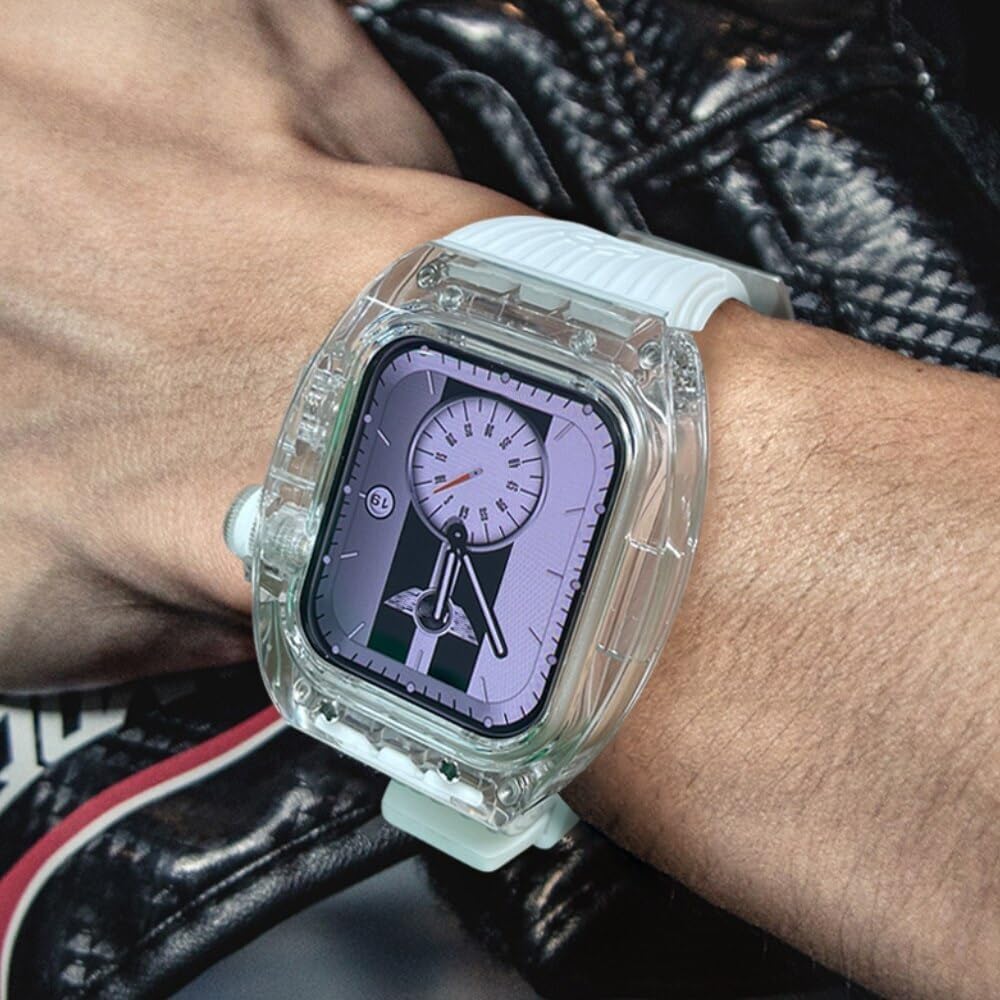 Transparent Watch Case Fluorine Rubber Band Mod Kit，For Apple Watch Ultra 8 7 6 5 4 SE 45mm 44mm Series，Men Women Crystal Bezel Stripe Sport Band Conversion Kit