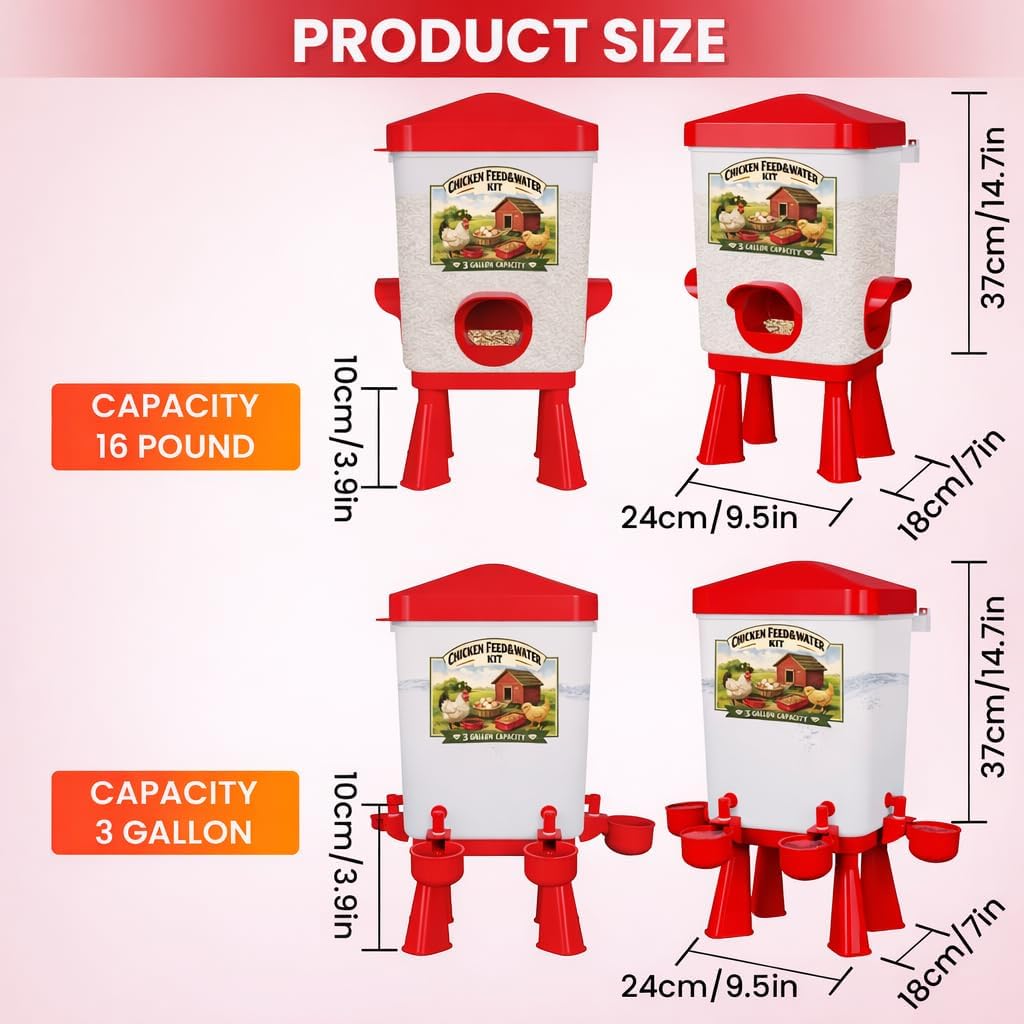 Chicken Feeder and Waterer Set, 3 Gallon/16 LB Automatic Poultry Feeding System with Hanging Option, No Waste Feeder Ports & Water Cups, BPA-Free, Ideal for Hens Ducks and Poultry
