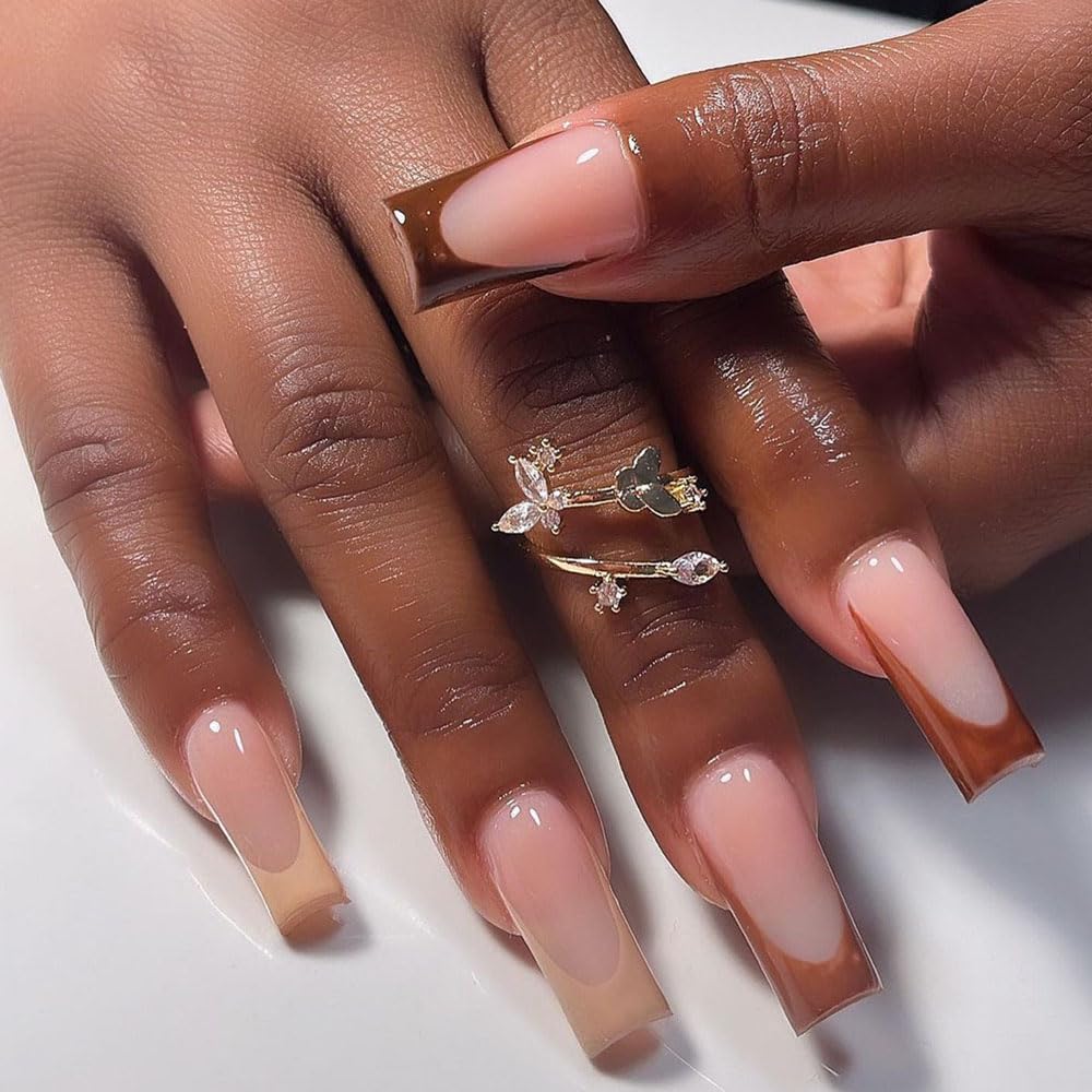 Brown Press on Nails Medium Long Square Fake Nails with Design Gel Glue on Nails for Women Girls Full Cover Acrylic False Stick on Nail Manicure for Wedding 24Pcs