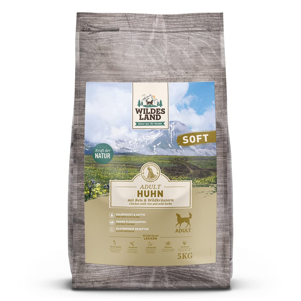 WILDES LAND – Soft Huhn | Halbfeuchtes Trockenfutter mit natürlichen Zutaten, Reis und Wildkräutern sowie extra viel Fleischanteil für ausgewachsene Hunde. Glutenfreies Alleinfutter ohne Zusatzstoffe