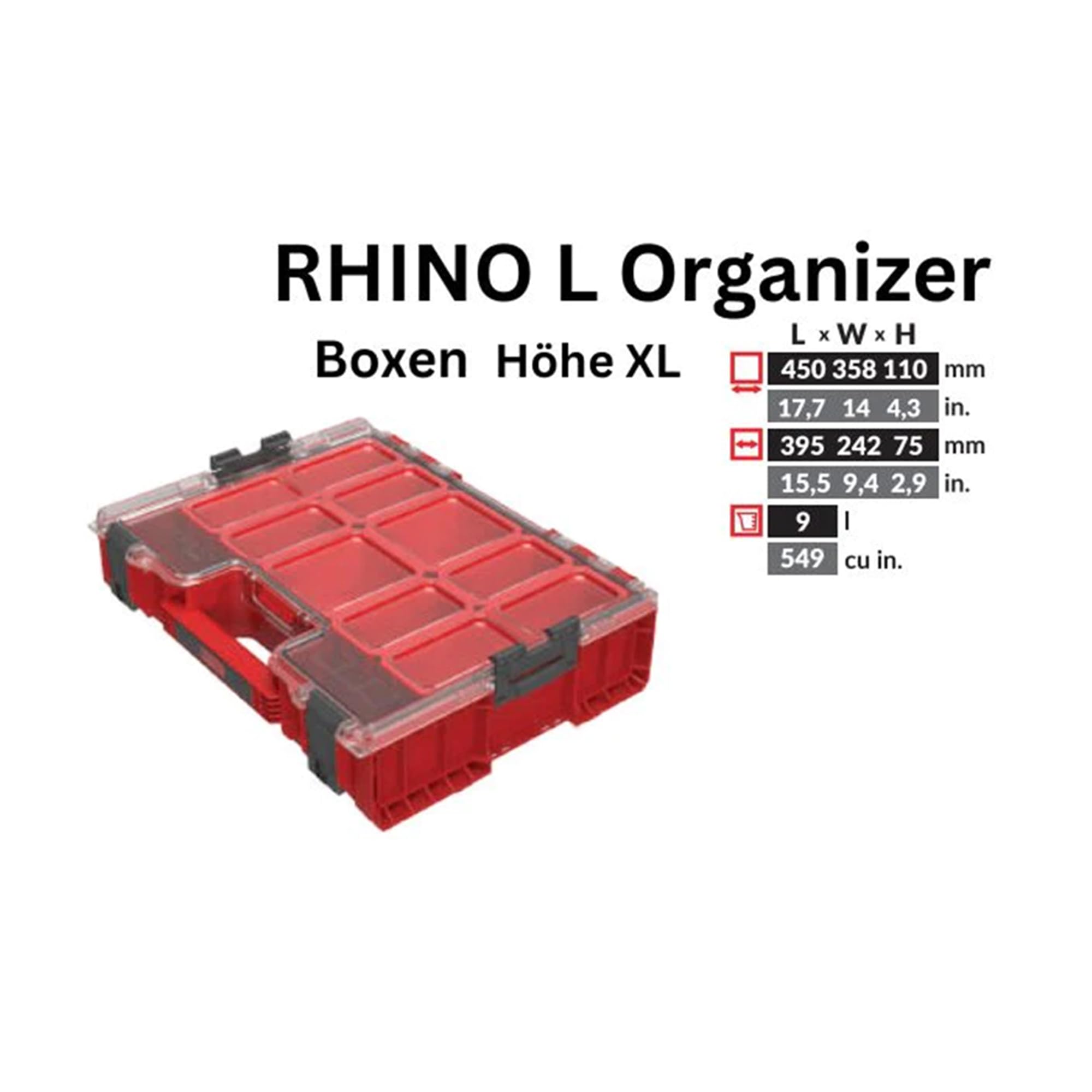 Toolbrothers RHINO PRO Organizer 300 RED ULTRA HD, impilabile, 452 x 358 x 110 mm, 9 l, IP54 con 8 inserti