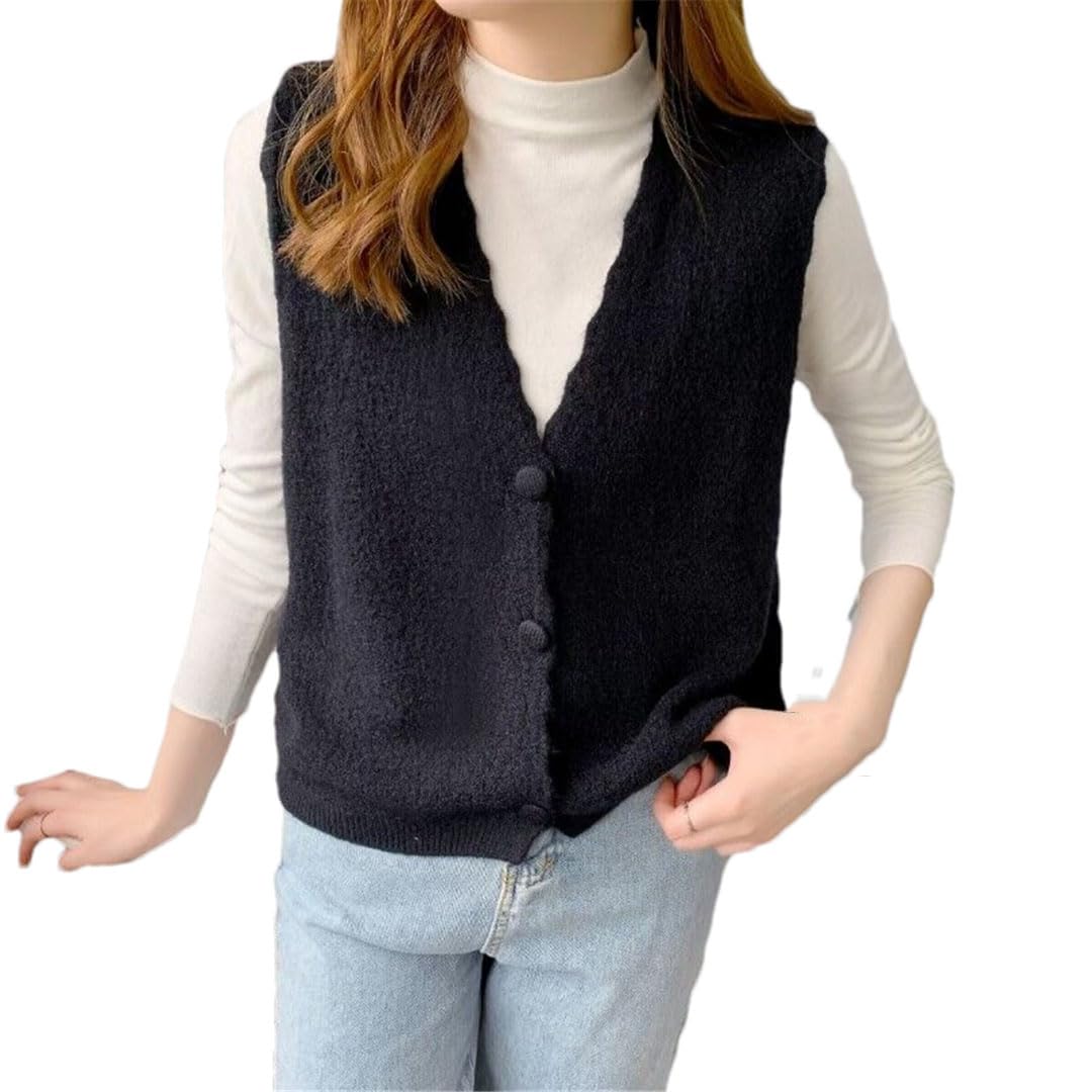 Alloaone Cardigan Tricoté sans Manches pour Femmes, Col en V, Pull, Pull À Simple Boutonnage