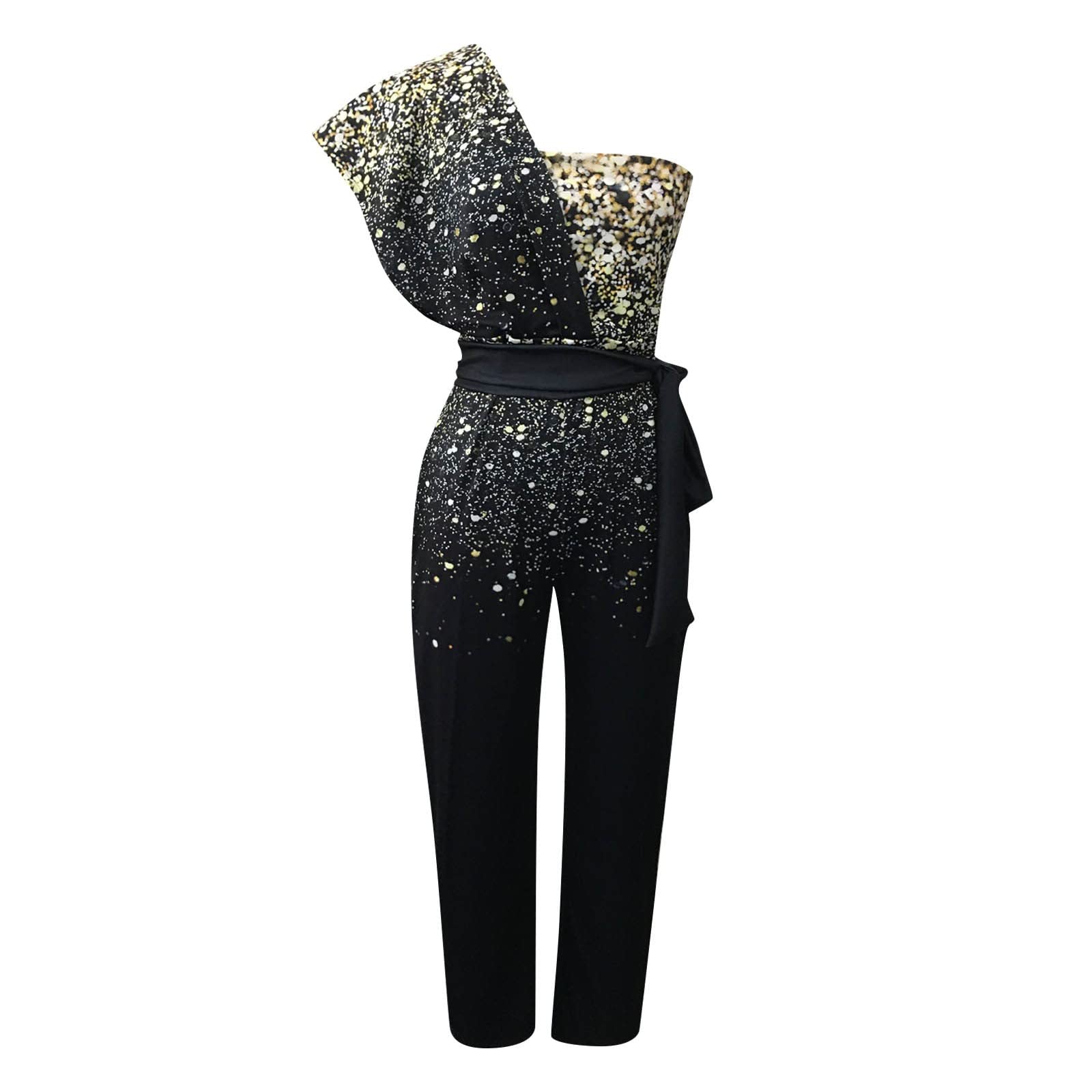 Générique Tailleur Femme pour Mariage Combinaison pour Soirée Chic Tailleur Mariage Elegant Une Épaule Dos Nu Ensemble Large Jambe Longue Pantalon Et Haut Fluide Barboteuse avec Ceinture