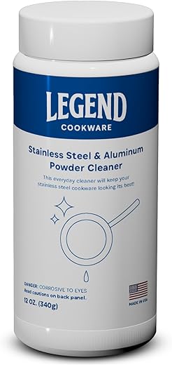 LEGEND COOKWARE Stainless Steel Powder Cleaner, 12oz - Removes Tough Stains, Burnt-On Food - No Harsh Chemicals - Works on Stainless Steel & Aluminum Cookware - Made in USA - Restores Shine