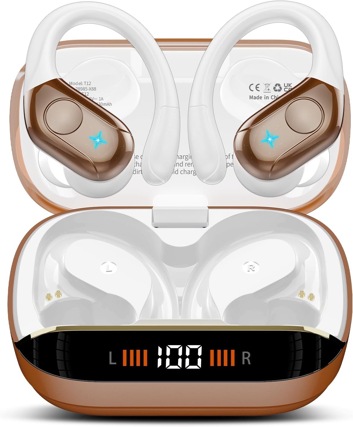 Cuffie Bluetooth, Auricolari Bluetooth 5.4 con Stereo HiFi, 75 Ore Display LED Auricolari Wireless con ENC Mic, IP7 Impermeabili Cuffiette Wireless con Gancio, Cuffie Senza Fili Sport, Marrone