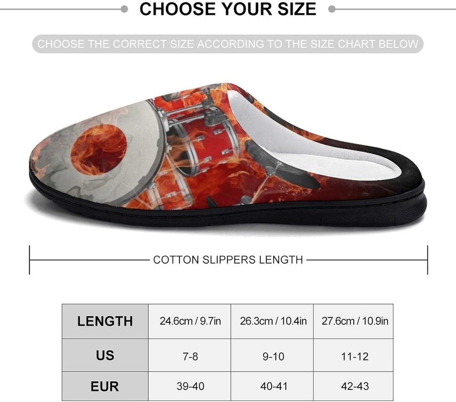 Rock Roll Drums Flame Drummer Skull Women's House Slippers Memory Foam Warm Shoes Spa Rubber Sole Indoor Outdoor