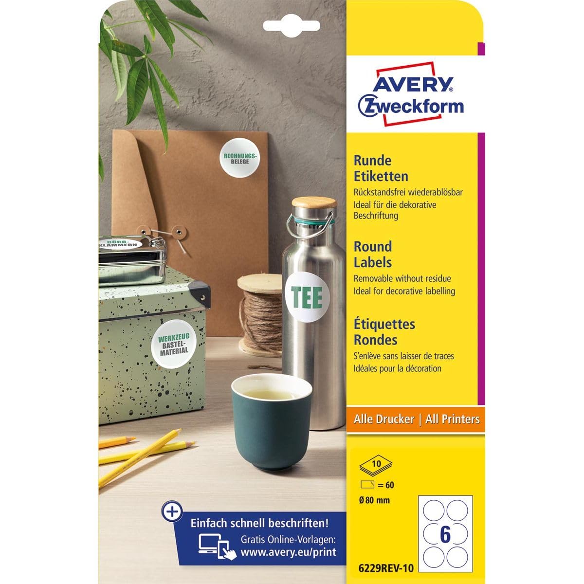 AVERY Zweckform 6229REV-10 Ronde etiketten (60 kleefpunten, 80 mm op A4, ronde stickers om te bedrukken, kan zonder resten worden verwijderd/verwijderbaar, zelfklevende jametiketten), 10 vellen, wit