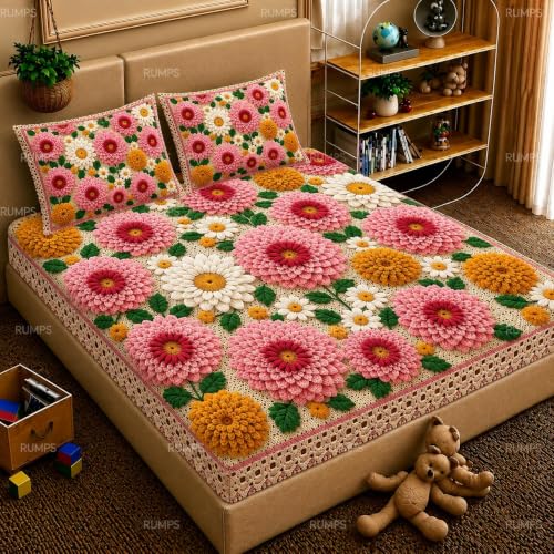 Image of RUMPS 7D Digital Printed Flat Bedsheet for Double Bed, King Size 90 x 100 Inches with 2 Pillow Covers, Soft Microfiber Fabric, 3D Floral Flower Design, Pink & White Designer Bedsheet for Bedroom