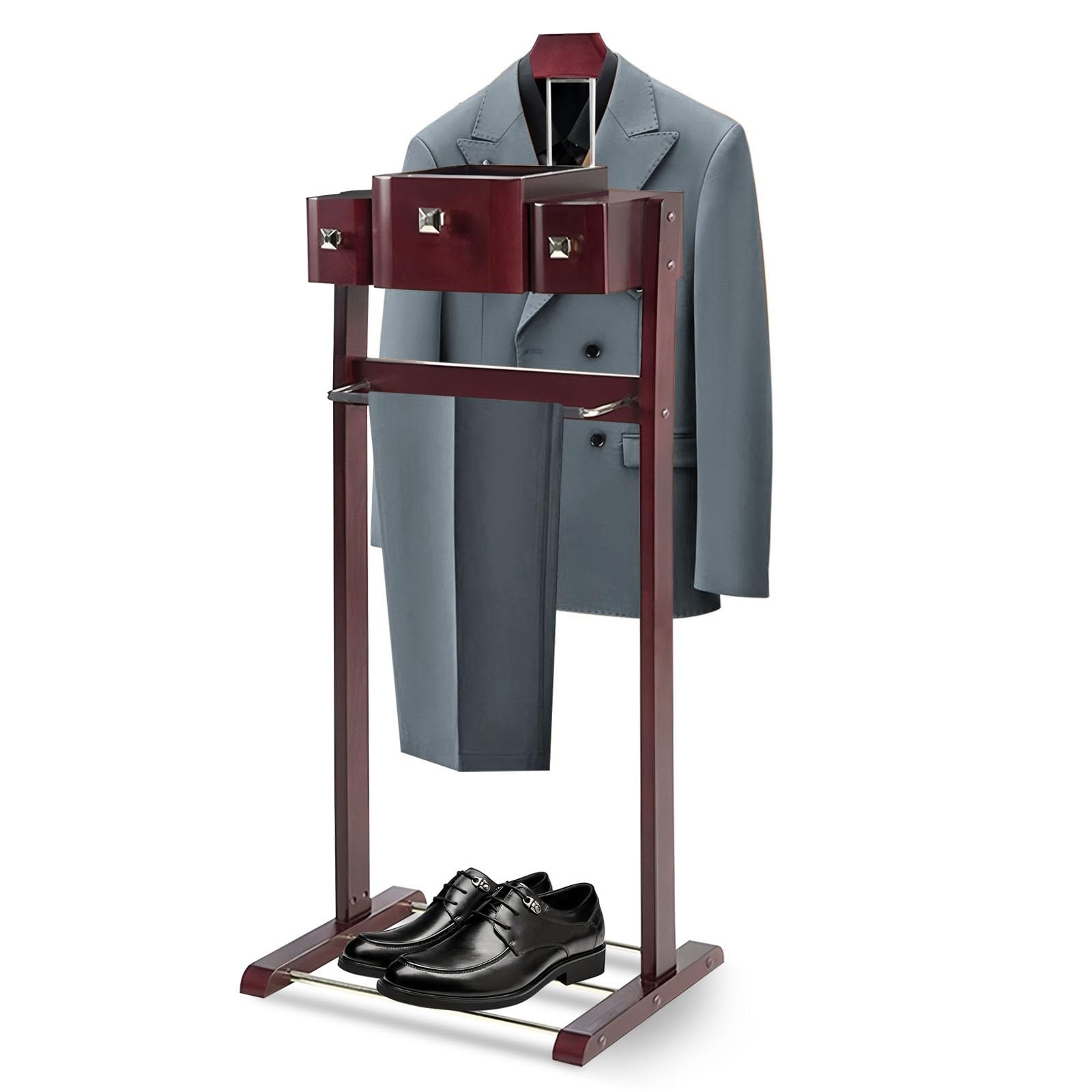 Wood Men Suit Valet Stand, with Belt Hooks Shoe Rack Multi-functional Coat Rack with Drawer Base Standing Clothes Organizer Rack for Entryway, Bedroom, Office for Women And Men