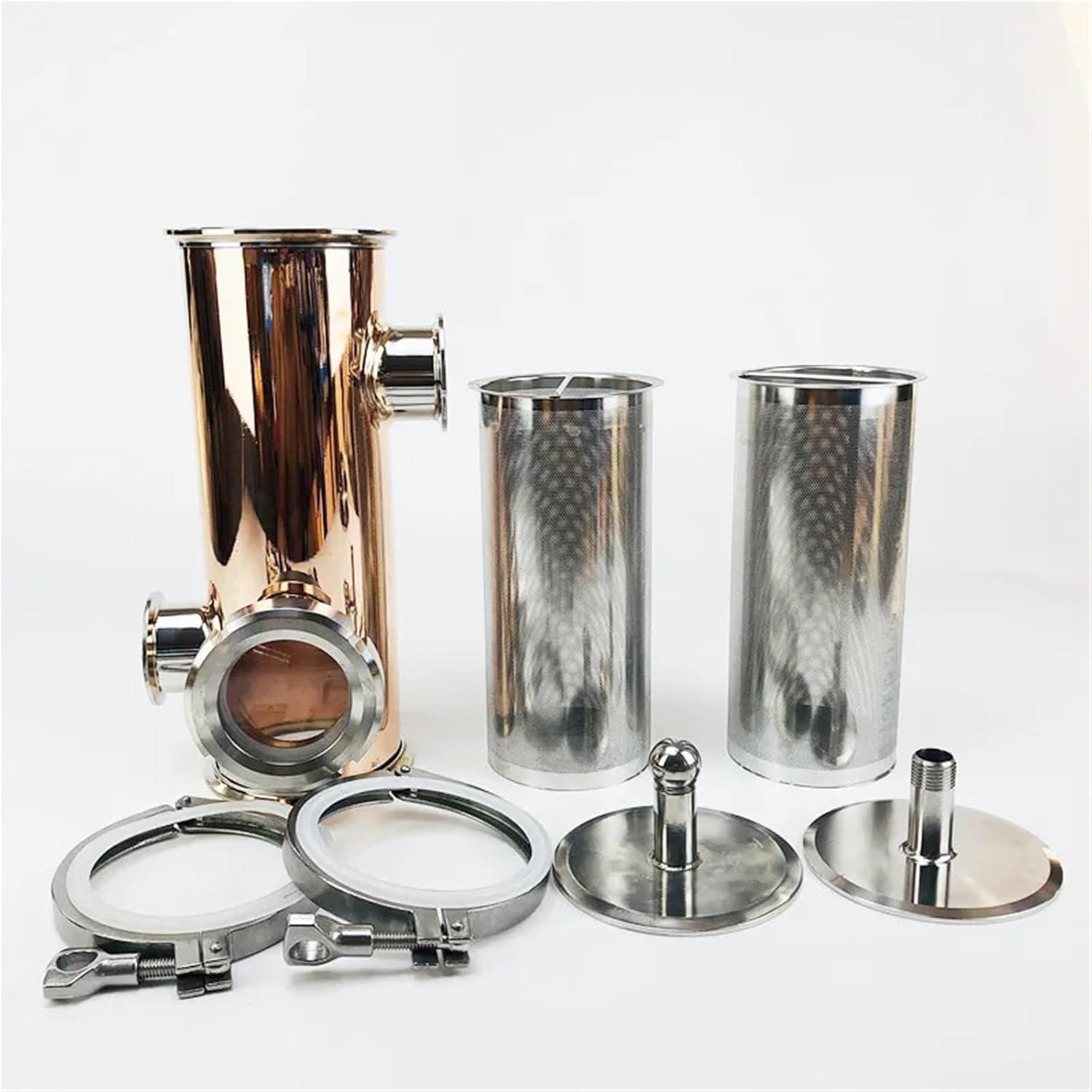 4inch FerruleOD119mm Copper Gin Basket Set For Distillation,2 *Side Ports 2"(51mm) OD64 With Filter V-1500ml,H-300mm(B type,With One Basket)