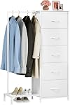 Somdot Dresser avec Hang Rack,5 Dressers Petit dressing pour chambre, Tissu réversible Coffret de tiroirs avec rack de vêtements, Tour de rangement pour placard,Salle de vie, Cuir blanc