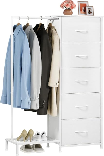 Somdot Dresser avec Hang Rack,5 Dressers Petit dressing pour chambre, Tissu réversible Coffret de tiroirs avec rack de vêtements, Tour de rangement pour placard,Salle de vie, Cuir blanc